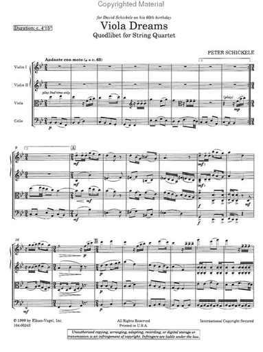 Schickele, Peter: Viola Dreams Quodlibet for String Quartet (score and parts)