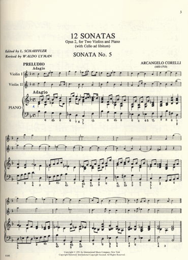 Corelli, A. (Schaeffler): 12 Sonatas, Op.2, Volume II (two violins, and piano, with Cello ad libitum)