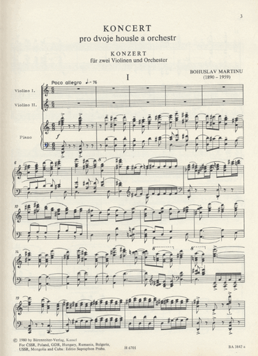 Martinu, Bohuslav: Concerto for Two Violins (2 violins & piano) Barenreiter