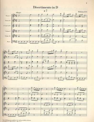 Haydn, F.J. (Gerlach, ed.): Divertimento in D Major, HobII: 8, urtext (2 flutes, 2 horns, 2 violins, and basso continuo)