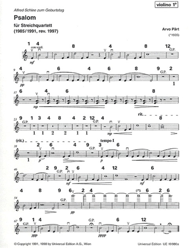 Part, Arvo: Psalom (string quartet) score and parts