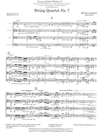 Lazarof, Henri: String Quartet No. 7, score and parts