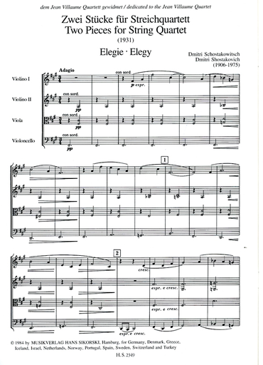 Shostakovich: (score/parts) Two Pieces - Elegy & Polka (string quartet) Edition Sikorski