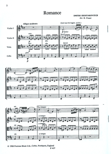 Shostakovich (Fraser, arr): Romance from the Gadfly arranged for string quartet (score and parts)