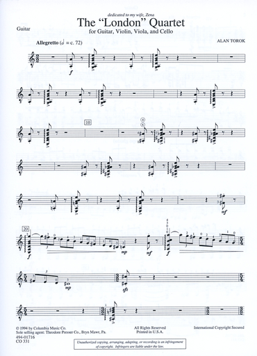 Torok, Alan: London Quartet (guitar, violin, viola, cello) score and parts