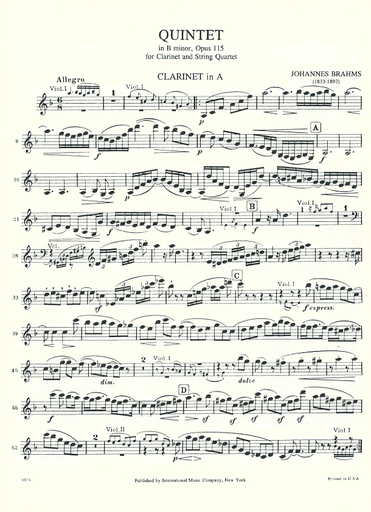 Brahms, Johannes: Clarinet Quintet Op.115 (clarinet in A, two violins, viola, cello)