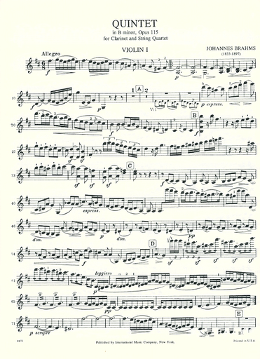 Brahms, Johannes: Clarinet Quintet Op.115 (clarinet in A, two violins, viola, cello)