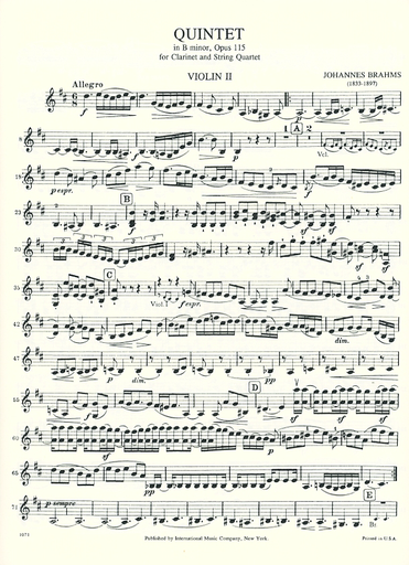 Brahms, Johannes: Clarinet Quintet Op.115 (clarinet in A, two violins, viola, cello)