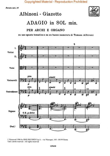 Albinoni, T.: (Score) Adagio in G minor (string orchestra, and organ)