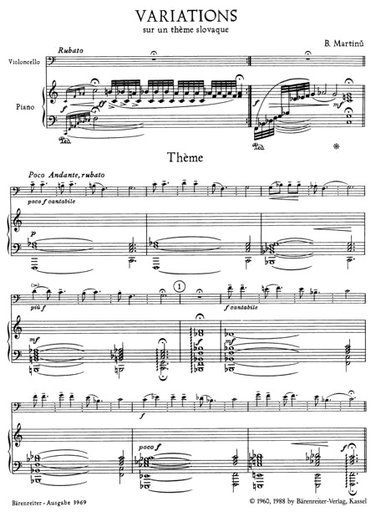 Martinu, Bohuslav: Variations on a Slovakian Theme for Violoncello and Piano, Barenreiter