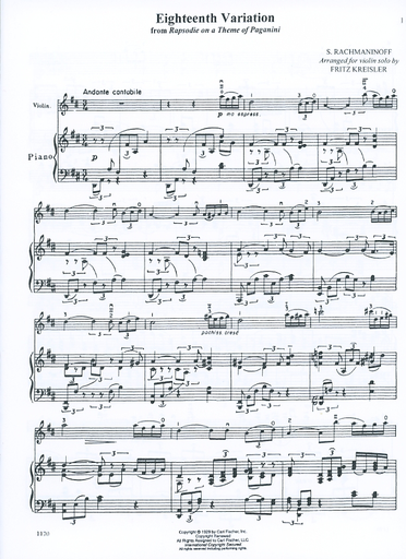 Rachmaninoff, S. (Kreisler): 18th Variation from Rhapsodie on a Theme of Paganini (violin, and piano)