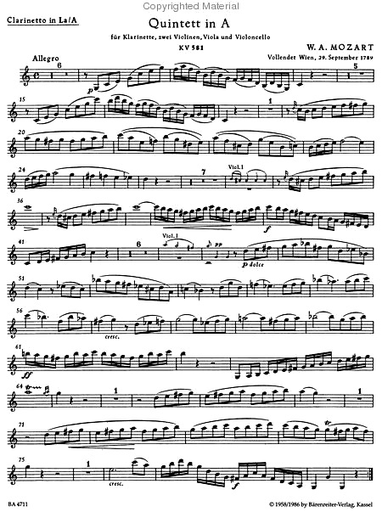 Mozart, W.A. (Schmid): Clarinet Quintet in A K.581 (clarinet, 2 violins, viola, cello) Barenreiter