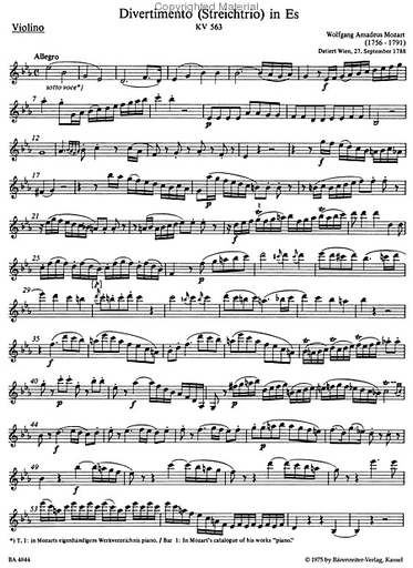 Mozart, W.A. (Berke): Divertimento in Eb Major K563 (violin, viola & cello) Barenreiter
