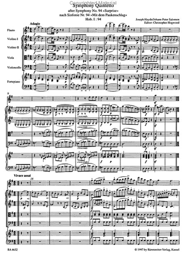 Haydn, F.J. (Hogwood): Surprise Symphony (flute, 2 violins, cello, piano) Barenreiter