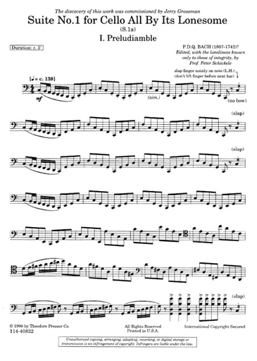 Bach, PDQ (Peter Schickele): Suite No.1 for cello all by its Lonesome (cello) PRESSER