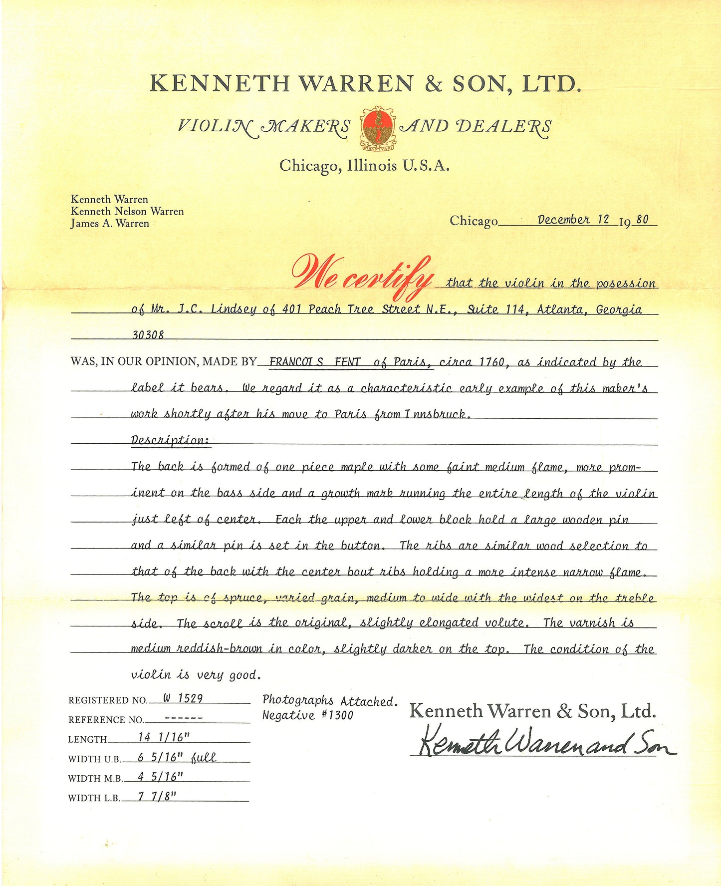 Francois Fent violin, Paris, with Warren certificate | Metzler Violins