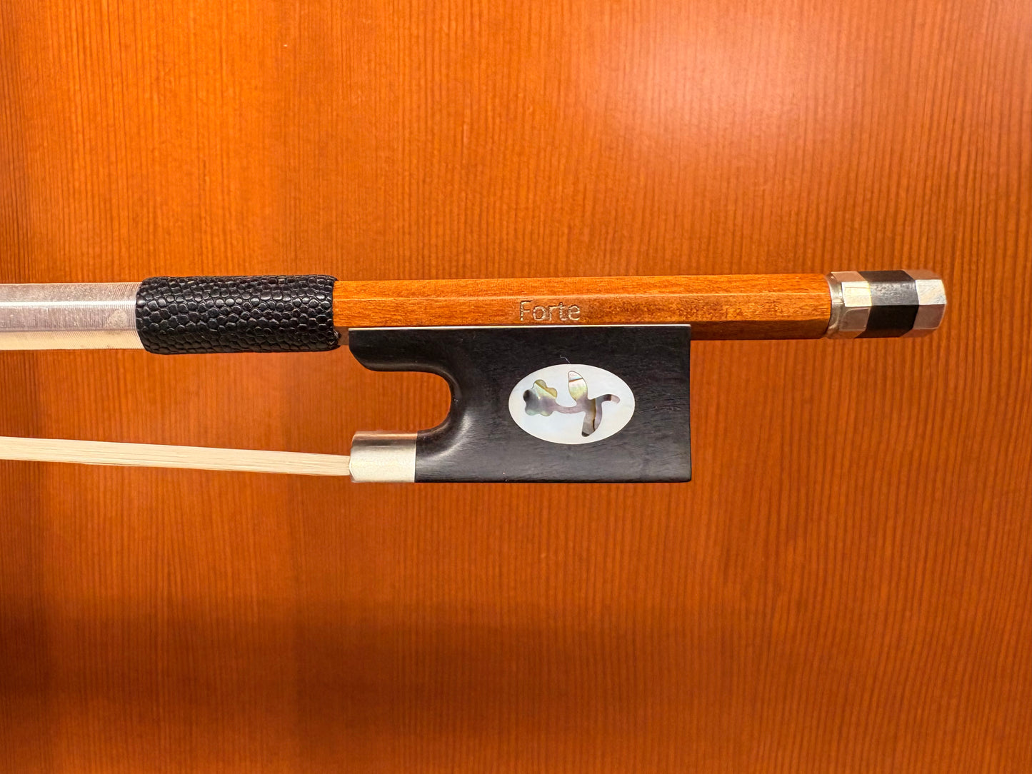 Forte pernambuco violin bow, nickel-mounted ebony frog,