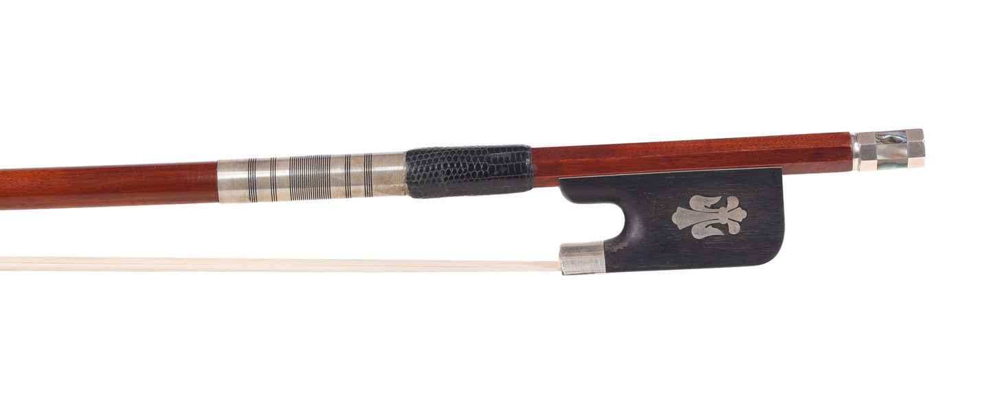 Unbranded modern silver-mounted Pernambuco cello bow with large Fleur-de-Lys