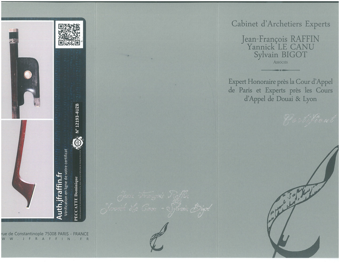 Dominique Peccatte cello bow, Raffin Certificate, silver mounted, grafted under grip 71.2 g. | Metzler Violins