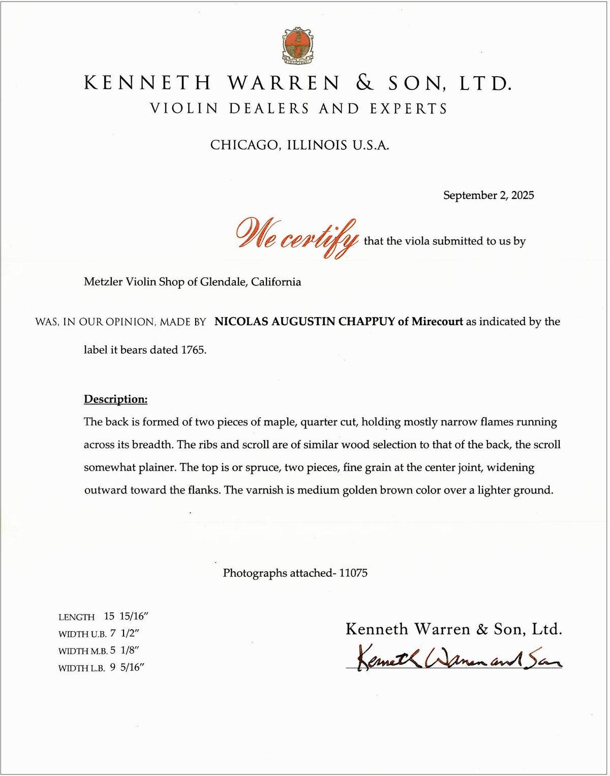 AUGUSTINUS CHAPPUY viola, fecit Parisiis 1765, Warren certificate | Metzler Violins