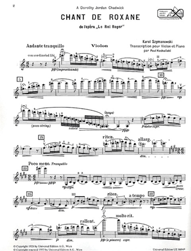 Szymanowski, K.: Chant de Roxane from the opera ''Le Roi Roger''arr. Kochanski (violin & piano)