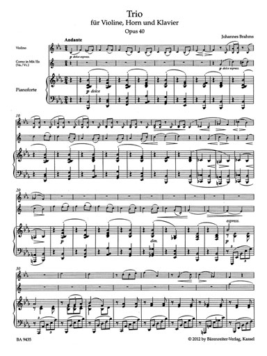 Brahms (Hogwood): Trio in Eb Major for Violin, Horn, & Piano, Op.40 - URTEXT (violin, horn/viola/cello, & piano) Barenreiter