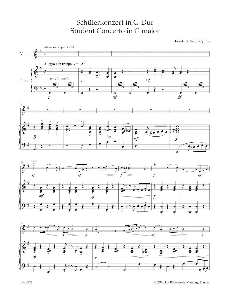 Seitz, F.: Student Concerto No. 2, Op. 13 in G Major (violin & piano) Barenreiter