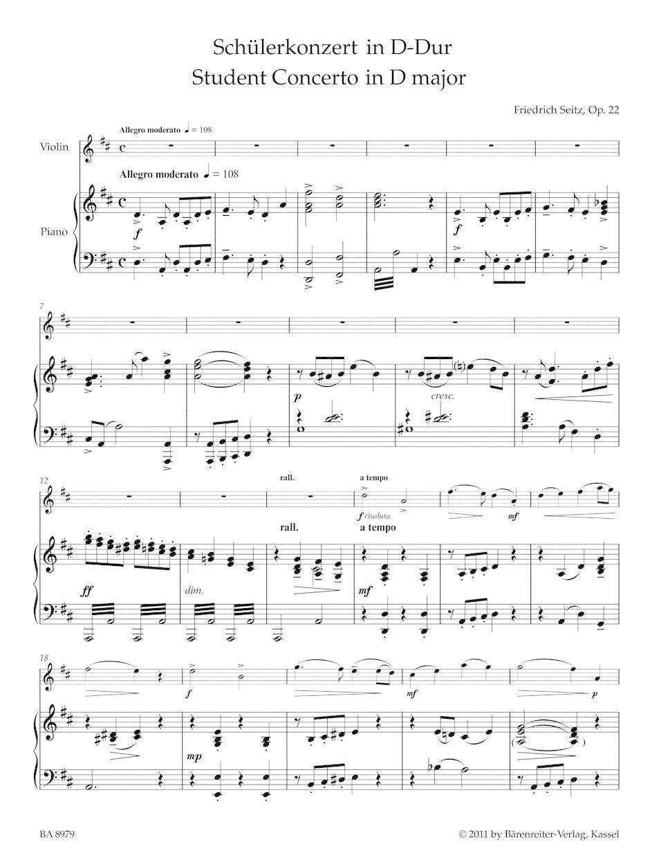 Seitz, f.: Student Concerto in D Major, Op. 22 (violin & piano) Barenreiter