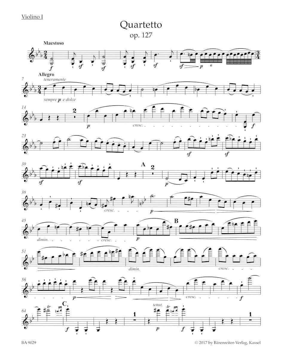 Beethoven (Del Mar): String Quartet in E-flat major, Op. 127 , Urtext (string quartet parts) Barenreiter