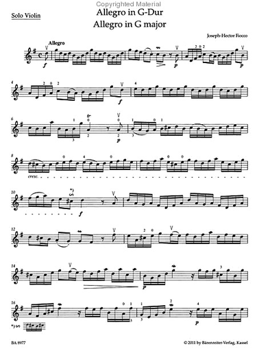 Fiocco, J.H. (Sassmannshaus): Allegro in G Major (violin & piano) Barenreiter Concert Pieces