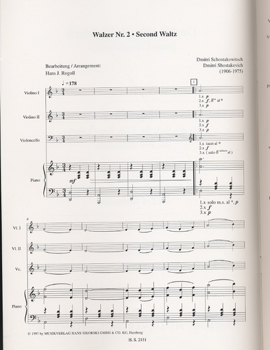Shostakovich, Dmitri: Second Waltz from Jazz Suite #2 (Piano, 2 Violins, Cello)