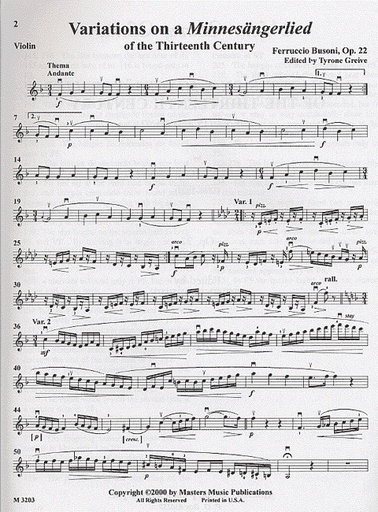 Busoni, Ferruccio: Op.22 Variations on a 13th c. Minnesangerlied (violin & piano)