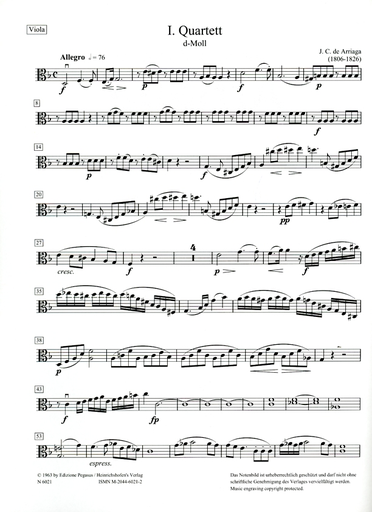 Arriaga, Juan (Hockner) : String Quartet No. 1 in D minor (parts)
