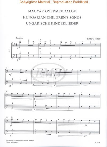 Hajdu, Mihaly: Hungarian Children's Songs (cello & piano)