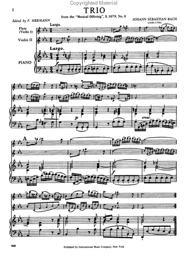 Bach, J.S.: Sonata in C minor from the Musical Offering (flute, violin & piano) or (two violins & piano)