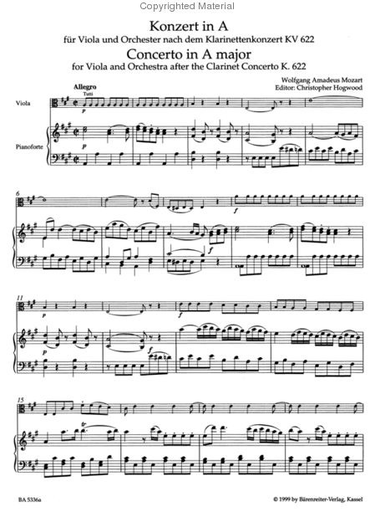 Mozart, W.A. (Hogwood): Concerto in A K622 (Viola & Piano) Barenreiter