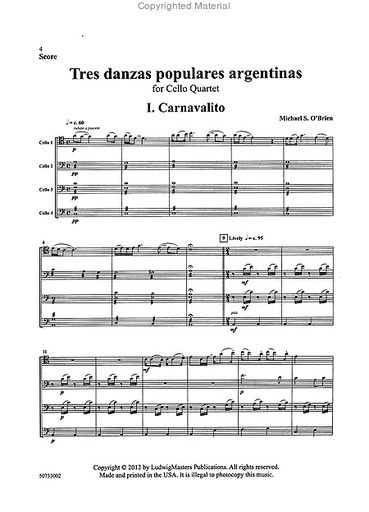 O'Brien: (score/parts) Tres Danzas Populares Argentinas (cello quartet) Latham Music