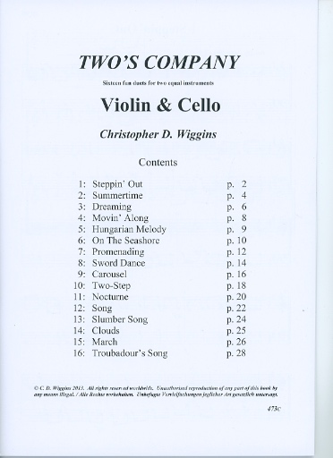 Wiggins, Christopher: Two's Company-Sixteen Little Duets for two equal instruments (violin & cello)