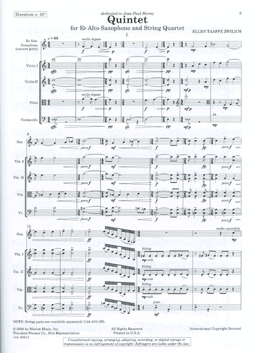 Zwilich, Ellen Taaffe: Quintet for Eb Alto Saxophone and String Quartet (Solo part and full score)