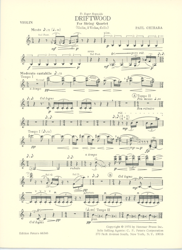 Chihara, Paul: Driftwood (violin, two violas, and violoncello (alternate 2nd violin part available)