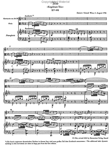 Mozart, W.A.: Kegelstadtt Piano Trio in Eb (clarinet, viola, piano or violin, viola, piano) Barenreiter
