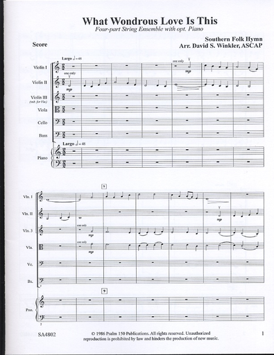 Winkler, David: Psalm 150-What Wondrous Love is This? (string quartet w and optional piano, score and parts)