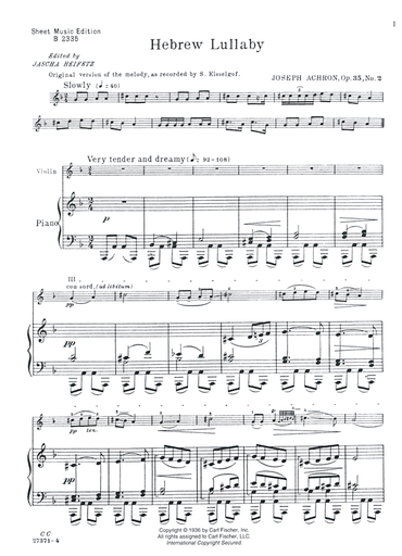 Achron, Joseph: Hebrew Lullaby Op 35 No.2 (violin & piano)