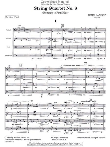 Lazarof, Henri: String Quartet No. 8 (Homage to Paul Klee) score and parts