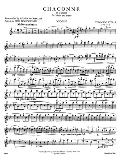 Vitali, T. (Francescatti): Chaconne (Ciaccona), (Ciacona), in G minor (violin & piano) IMC
