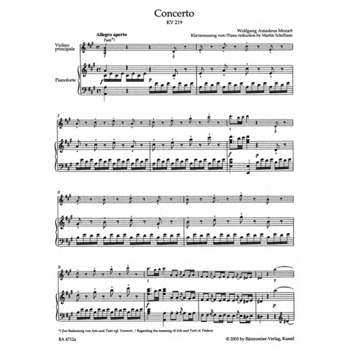 Mozart, W.A.: Concerto #5 in A Major for Violin and Orchestra, No.5, K.219 - Urtext (violin, & piano) Barenreiter