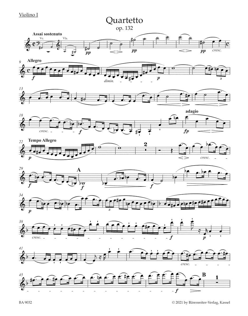 Beethoven (Del Mar): String Quartet in A minor, op. 132, (string quartet parts) Barenreiter