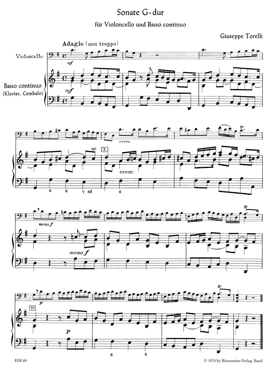 Torelli, Giuseppe (Giegling): Sonata in G major (cello & piano) Barenreiter