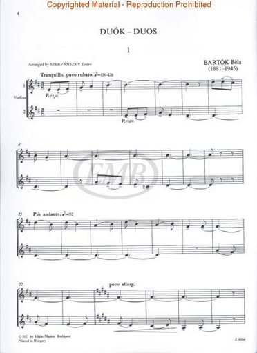 Bartok, B. (Szervanszky): Duos from Bartok's Choral Works (two violins)