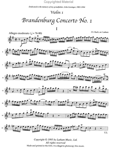 Bach, J.S. (Latham): Brandenburg Concerto No. 1 (string quartet, score & parts with optional violin 3 part)